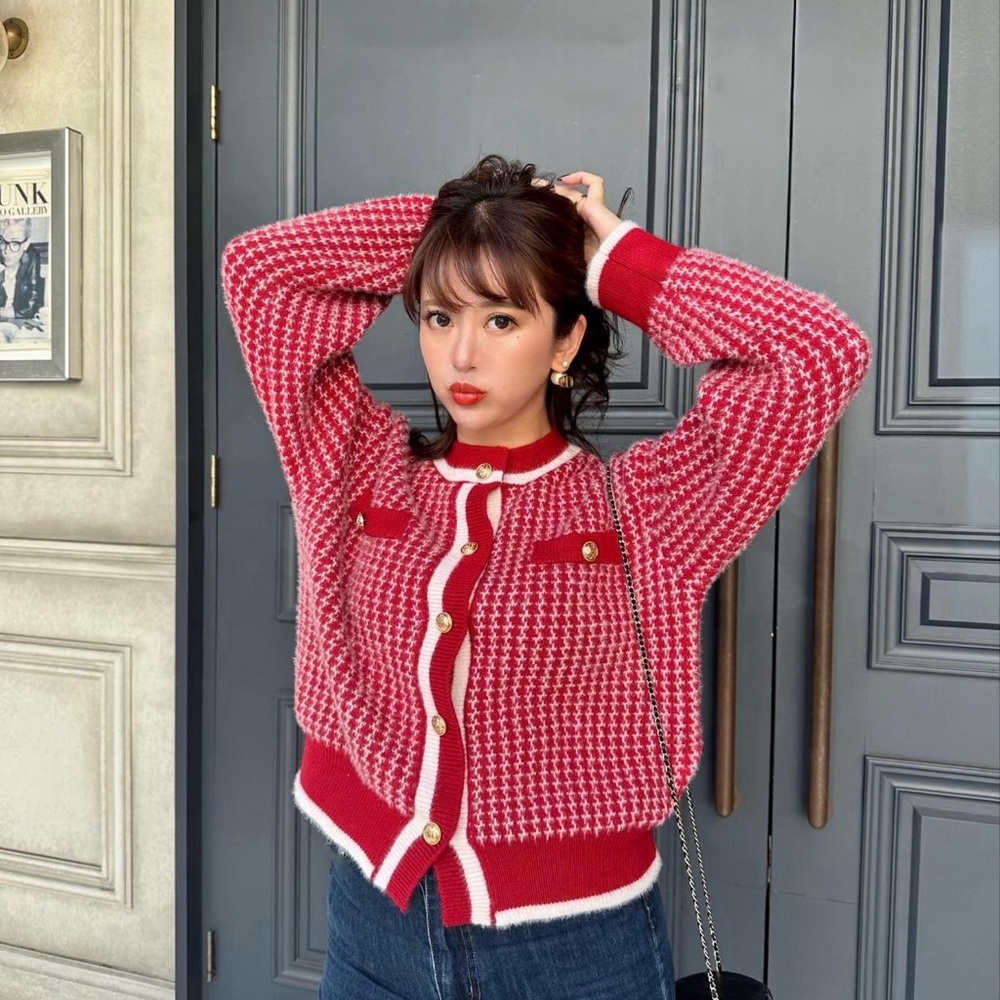 Red knit sweater cardigan with gold bottom